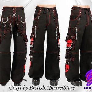 HandCraft Customize Gothic Pant – 4 Red Super Skull Trousers | Cyber Chain Goth Jeans Punk Rock Pants | Baggy Style Street Fashion Trip Pant