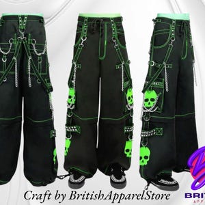 Handmade Gothic Pant – Parrot Green Super Skull Trouser Pant | Cyber Chain Goth Jeans Punk Rock Pants | Baggy Style Street Fashion Trip Pant
