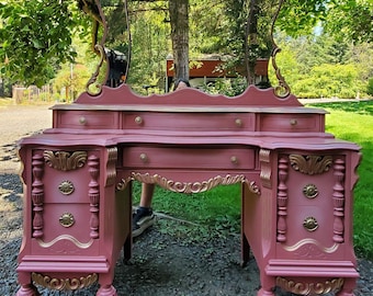 SOLD! Do not purchase, Antique vanity, pink, feminine, fancy, dresser, mirror, vintage, painted, gold, dressing table