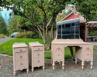 SOLD! Do not purchase, bedroom set, vanity, side tables, nightstand, pair, dresser, mirror, feminine, antique, painted, storage, refurbished