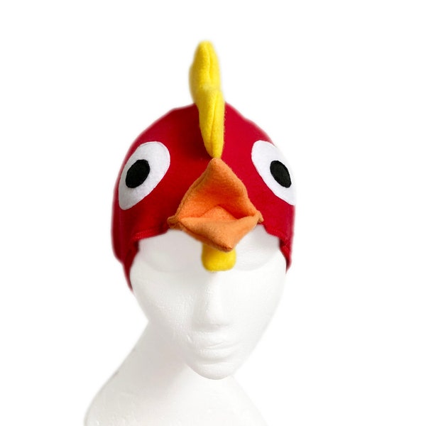 Red Chicken Hat. Bird, Fleece, Five Sizes, Three Color Options