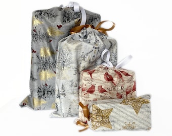 Reusable Christmas Wrapping Paper, Set of 4, Fabric Gift Bags