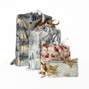 Reusable Christmas Wrapping Paper, Set of 4, Fabric Gift Bags