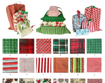 Reusable Wrapping, Fabric Gift Bags, 5 Sizes and 41 Fabrics to Choose From, Christmas