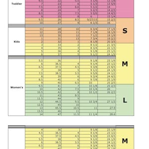Pode incluir: Um gr&aacute;fico que mostra as convers&otilde;es de tamanhos de sapatos para beb&ecirc;s, crian&ccedil;as pequenas, crian&ccedil;as, mulheres e homens. O gr&aacute;fico inclui tamanhos US, EU, UK e em polegadas, bem como as medidas em cent&iacute;metros correspondentes. O gr&aacute;fico &eacute; codificado por cores para indicar diferentes faixas de tamanhos, com os tamanhos menores em rosa, seguidos de laranja, amarelo, verde e azul para os tamanhos maiores. O gr&aacute;fico tamb&eacute;m inclui uma nota que indica que os Talons adicionam 1,5 polegadas (3,8 cm) aos p&eacute;s.