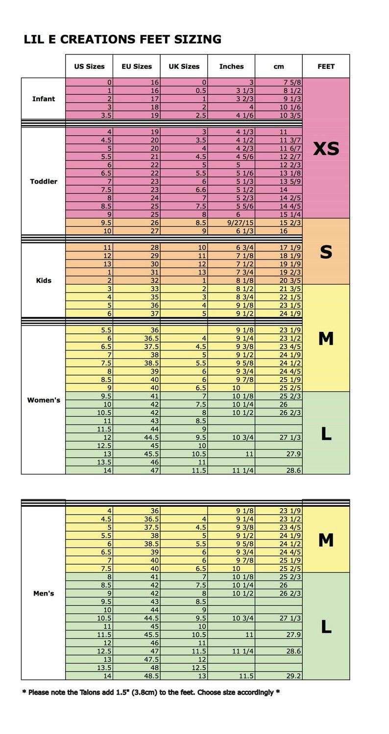 Pode incluir: Um gr&aacute;fico que mostra as convers&otilde;es de tamanhos de sapatos para beb&ecirc;s, crian&ccedil;as pequenas, crian&ccedil;as, mulheres e homens. O gr&aacute;fico inclui tamanhos US, EU, UK e em polegadas, bem como as medidas em cent&iacute;metros correspondentes. O gr&aacute;fico &eacute; codificado por cores para indicar diferentes faixas de tamanhos, com os tamanhos menores em rosa, seguidos de laranja, amarelo, verde e azul para os tamanhos maiores. O gr&aacute;fico tamb&eacute;m inclui uma nota que indica que os Talons adicionam 1,5 polegadas (3,8 cm) aos p&eacute;s.