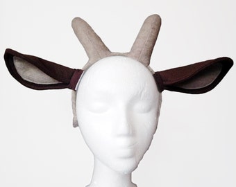 Goat Ears with Horns. Brown, Realistic.