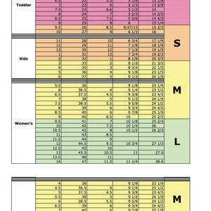 May include: A chart showing shoe size conversions for infants, toddlers, kids, women, and men. The chart includes US, EU, UK, and inch sizes, as well as corresponding centimeter measurements. The chart is color-coded to indicate different size ranges, with the smallest sizes in pink, followed by orange, yellow, green, and blue for the largest sizes. The chart also includes a note that the Talons add 1.5 inches (3.8 cm) to the feet.