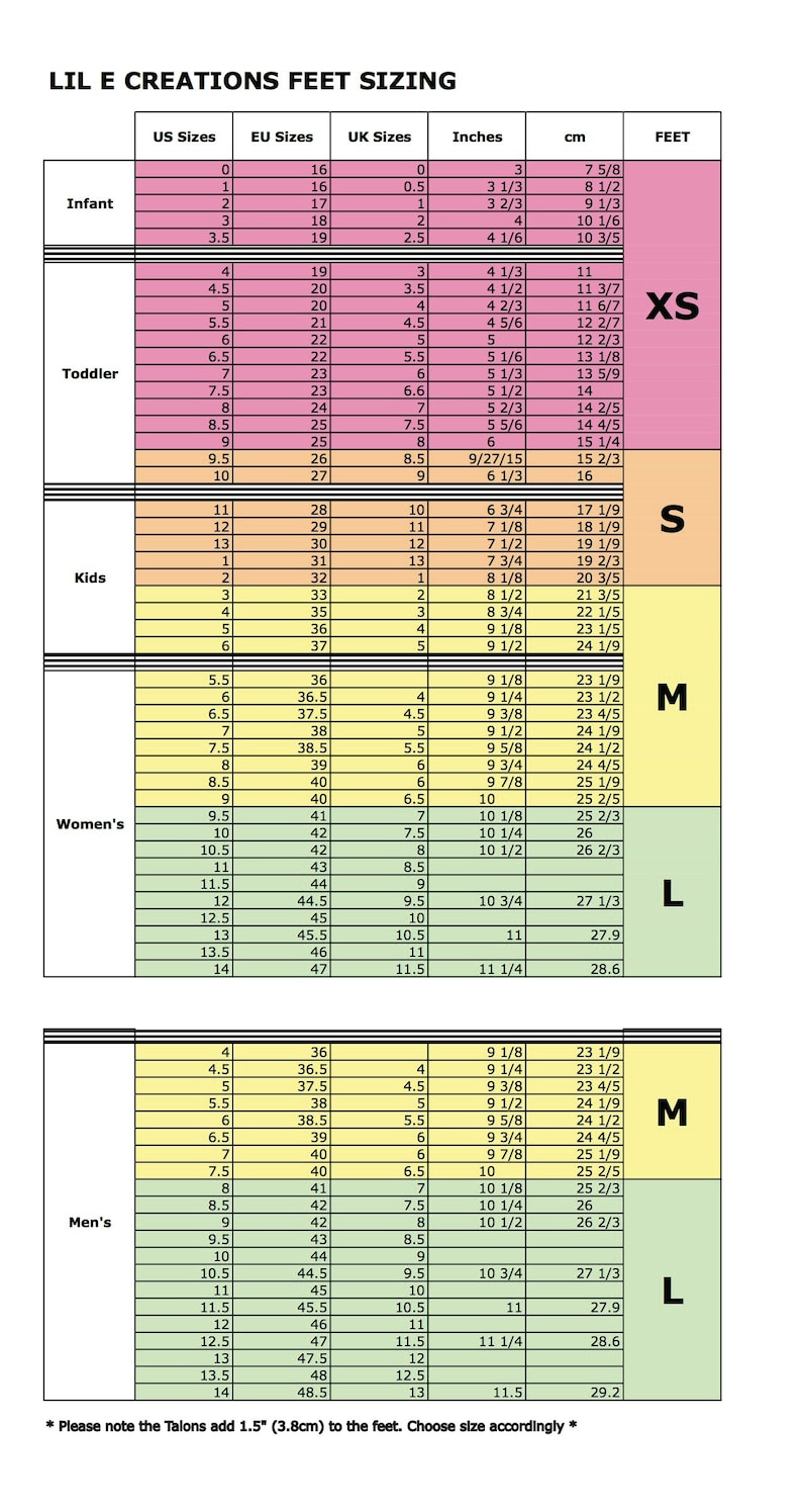 May include: A chart showing shoe size conversions for infants, toddlers, kids, women, and men. The chart includes US, EU, UK, and inch sizes, as well as corresponding centimeter measurements. The chart is color-coded to indicate different size ranges, with the smallest sizes in pink, followed by orange, yellow, green, and blue for the largest sizes. The chart also includes a note that the Talons add 1.5 inches (3.8 cm) to the feet.