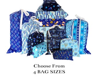 Hanukkah Reusable Wrapping, Fabric Gift Bags, 4 Sizes and 7 Fabrics to Choose From