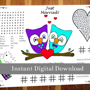 May include: A printable wedding activity sheet featuring two cartoon owls, one purple and one teal, perched on a branch with a red heart. Includes a word search, a maze, and the text "Just Married!" and "Instant Digital Download".