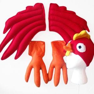 Full CHICKEN COSTUME. Hat, Wings, Feet. Red, Orange Bird. Original design.