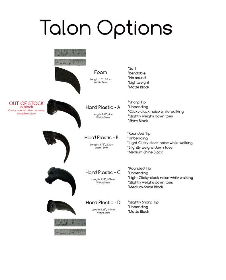 May include: Four different talon options for cosplay or costume making. The options are made of foam, hard plastic, and hard plastic with a rounded tip. The talons are black and range in size from 1.25 inches to 1.63 inches in length.