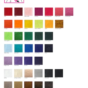 May include: Felt color options chart with 36 different colors. The colors are arranged in rows and columns. The colors include red, ruby, baby pink, fuchsia, shocking pink, bright pink, candy pink, orange, neon orange, yellow, neon yellow, gold, antique gold, neon green, apple green, pirate green, kelly green, hunter green, baby blue, peacock, neon blue, royal blue, navy, bright lilac, violet sky, orchid, dark purple, white, antique white, cream, grey, charcoal, black, sandstone, cashmere tan, copper canyon, walnut, and cocoa.