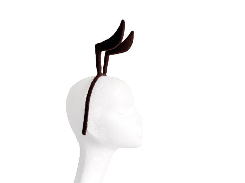 May include: A brown felt headband with two curved antlers attached to the top.
