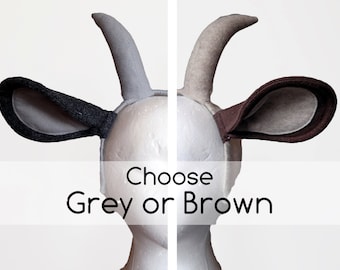 Natural Goat Ears and Horns. Choose Grey or Brown Color.