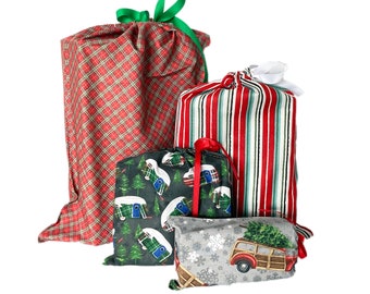 Christmas Earth-Friendly Reusable Wrapping Bags, Set of 4, No Waste Christmas