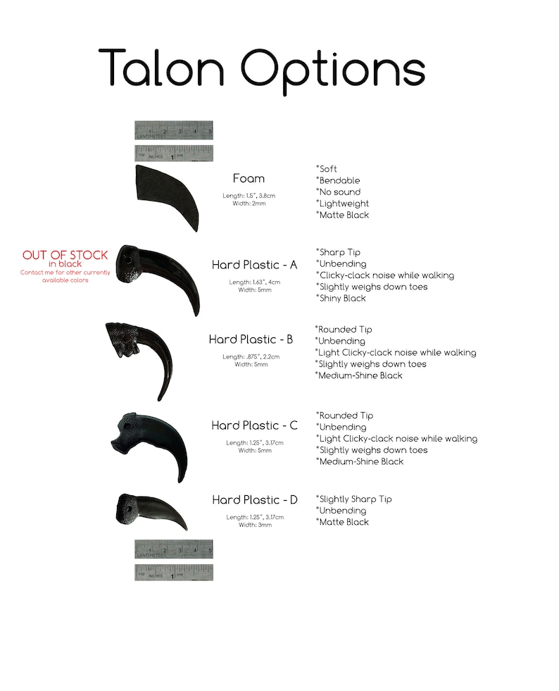 Pode incluir: Quatro op&ccedil;&otilde;es de garras diferentes para cosplay ou confec&ccedil;&atilde;o de fantasias. As op&ccedil;&otilde;es s&atilde;o feitas de espuma, pl&aacute;stico r&iacute;gido e pl&aacute;stico r&iacute;gido com uma ponta ligeiramente afiada. As garras s&atilde;o pretas e variam em tamanho de 3,17 cm a 4 cm de comprimento.