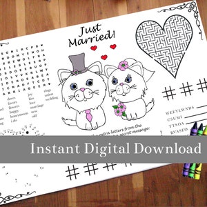 May include: A printable wedding activity sheet with a word search, a maze, a connect-the-dots, and a secret message. The sheet features a cartoon illustration of two cats dressed as a bride and groom. The text "Just Married!" is at the top of the sheet. The text "Instant Digital Download" is at the bottom of the sheet.