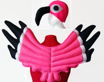 Flamingo Costume, Wings and Hat. Pink Bird Outfit, Dress Up