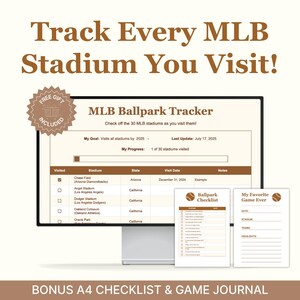 May include: A digital MLB Ballpark Tracker on a computer screen, with a checklist and game journal. The screen shows a list of stadiums and a progress bar. Text at the top reads "Track Every MLB Stadium You Visit!"