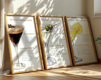 Watercolor Martini Recipe Prints: Bar Cart Decor (Set of 3) (Digital Download)