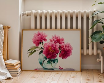Impressão artística de peônias da primavera, decoração de fazenda para a primavera, pintura floral rosa, arte botânica para parede, download digital