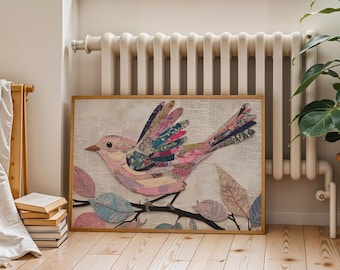 Pastel Wildlife Nursery Print, Colorful Bird Collage Art Print, Whimsical Nature Digital Download