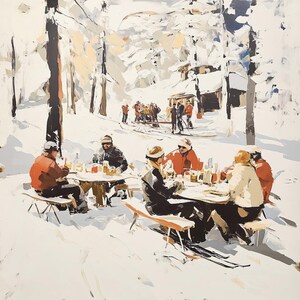 Ski Lunch Aquarell Druck: Winterlandschaft am Berg (Digitaler Download)