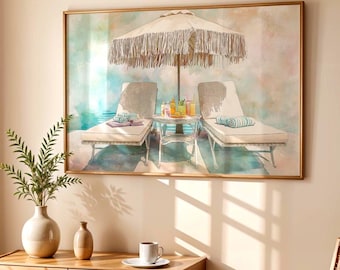 Coastal Beach Print: Fringe Umbrella, Chaise Lounge - Summer Vibes (Digital Download)