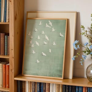 Crane Flock Homeware Print: Minimalist Japandi Art, Sage Green (Digital Download)