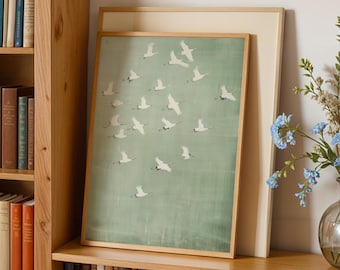 Crane Flock Homeware Print: Minimalist Japandi Art, Sage Green (Digital Download)