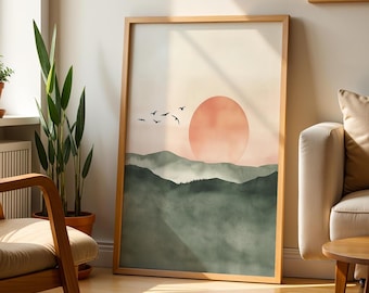 Salbei Grün Sonnenaufgang Japandi Leinwand Wandkunst, Gerahmter Vogelschwarm Druck, Japanischer Sonnenuntergang Kunst, Großes Wohnzimmer Dekor, Smaragd Orientalische Kunst