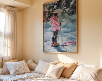 Kidcore Pink Skier Watercolor Print, Winter Cabin Homeware Decor, Girl Nursery Wall Art (Digital Download)
