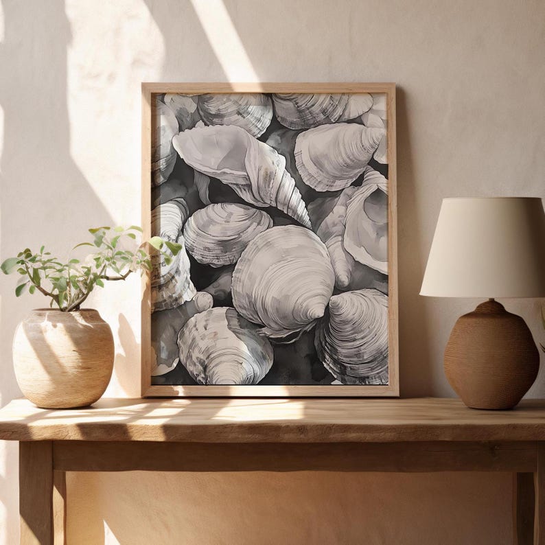 Black and White Sea Shell Watercolor Print, Coastal Decor (digital ...