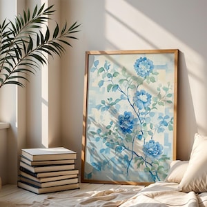 Light Blue Chinoiserie Floral Print: Elegant Japandi Wall Art (Digital Download)