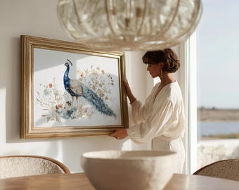 Quadro decorativo de parede com pavão em aquarela, elegante decoração com pássaro azul, ilustração floral botânica, download digital.
