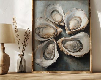 Oysters Homeware Painting, Modern Coastal Kitchen Wall Art, Neutral Nautical Decor (Digital Download)