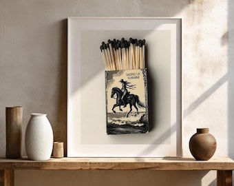 Vintage Western Cowboy Matchbox Wall Art, Coastal Cowgirl Matchbook Print, Minimalist Rodeo Matches Painting, Digital Download