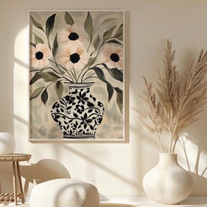 Elegante lámina de arte mural con motivos florales chinos, póster de jarrón botánico, diseño ligero y femenino, descarga digital, elegante decoración moderna para el hogar.