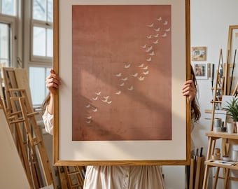 Minimalistyczny nadruk z żurawiem, dekoracja ścienna w kolorze różowego różu w stylu japońskim (do pobrania cyfrowego)