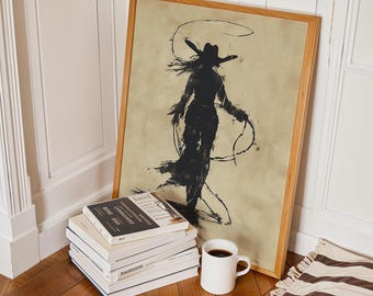 Sepia Cowgirl Print, Western Modern Wall Art, Minimalistic Cowboy Decor, Vintage Rodeo Homeware, Digital Download