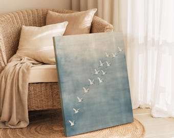 White Flying Cranes Stretched Canvas Wall Art, Japandi Birds in Flight Blue Sky Print, Wabi Sabi Bird Artwork, Minimalist Modern Home Decor