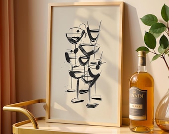 Martini Glasses Sketch Print: Minimalist Bar Cart Art (Digital Download)