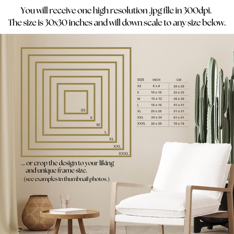 Może przedstawiać: Projekt grafiki ściennej z koncentrycznymi kwadratowymi ramami w r&oacute;żnych rozmiarach, oznaczonymi od XS do XXXL. Obraz zawiera tabelę rozmiar&oacute;w z wymiarami w calach i centymetrach, z największym rozmiarem 76 x 76 cm. Tekst informuje, że plik jest w wysokiej rozdzielczości.