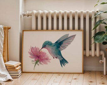 Hummingbird Watercolor Print: Pastel Cottagecore Wall Art (Digital Download