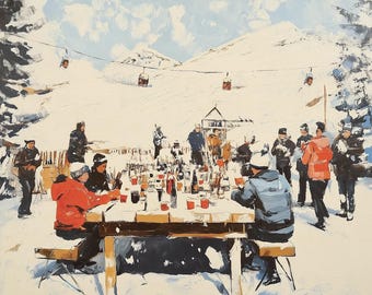 May include: An oil painting depicts a snowy mountain scene with a group of people gathered around a long wooden table laden with bottles and drinks. Ski lifts and a small building are visible in the background, suggesting a ski resort setting.