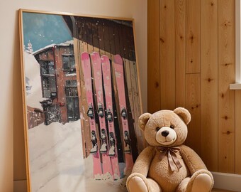 Pink Skis Watercolor Print, Girl Kidcore Winter Cabin Homeware, Snowy Chalet Art (Digital Download)