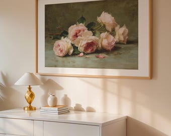 Moody Pink Flowers Painting, Vintage Art Print, Flower Print, Dark Floral Print, Farmhouse Decor, Printable Wall Art, Digital Download