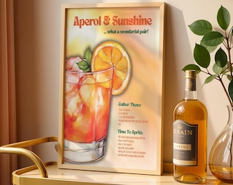 Póster de la receta de Aperol Spritz: Impresión retro de acuarela para carrito de bar (descarga digital)